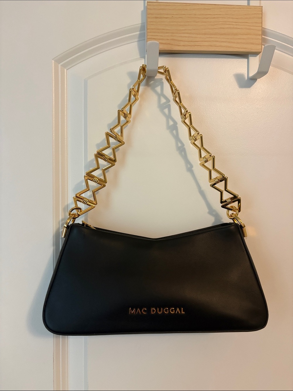 Mac Duggal Black Shoulder Bag with Gold Geometric Chain Strap